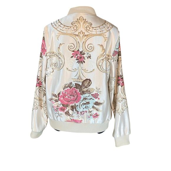 OO LALA Satin Floral Embroidered Bomber Jacket Beaded Medium Statement - Picture 3 of 10
